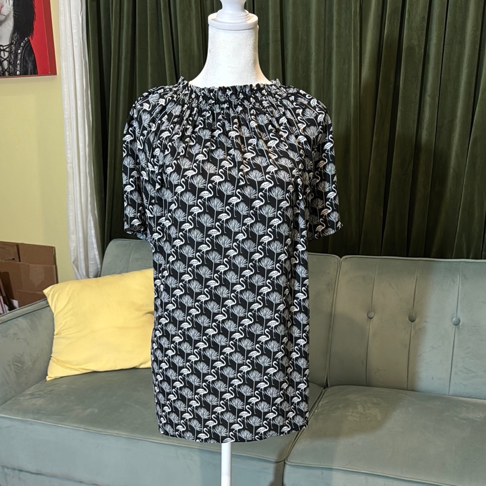 Philosophy Flamingo Pattern Black and White Short Sleeve Blouse
